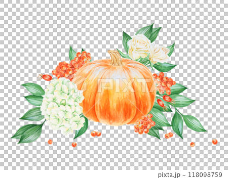 Orange pumpkin and white roses, rowan berries, rose hips. Hand drawn watercolor isolated illustration with fall vegetables and plants for poster, card. Botanical colorful clipart for invitation, cards 118098759