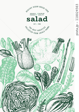 Green Vegetable Design Template. Vector Hand Drawn Healthy Leaf Salad Banner. Vintage Style Menu Illustration. 118024563