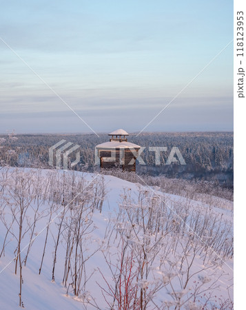 Wooden watchtower, outpost in winter. 118123953