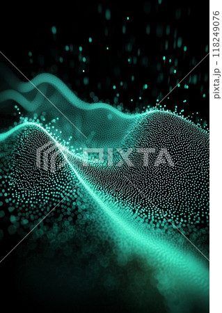 Turquoise particles ripple in a wave-like motion against a dark backdrop, creating a sense of cosmic tranquility. The blurred particles suggest fluid movement in a minimalist aesthetic. 118249076