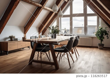 Scandinavian Dining Room in Attic with Wooden Beams. Generative ai 118263517