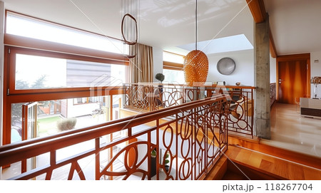 Mid-century modern balustrade with intricate designs in natural materials; perfect for a stylish retro home. 118267704