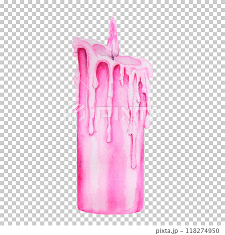 Pink burning candle with flame and wax drips. Element of decor for Halloween, Sabbath, Christmas event. Vintage attribute of mysticism, magic, astrology. Watercolor hand drawn cut out isolated clipart 118274950