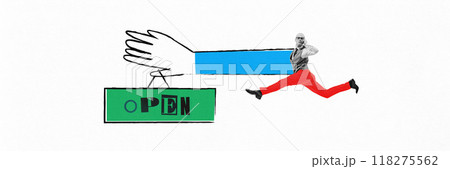 Banner. Contemporary art collage. Man, mid-stride, runs past extended hand that holds Open sign, reflecting speed and readiness for new venture. 118275562