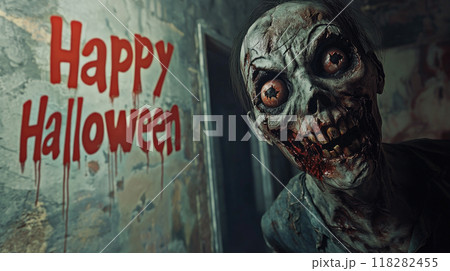 Happy Halloween greeting text on wall and creepy dead zombie, scary scene in city. Concept of horror, undead, party, apocalypse 118282455