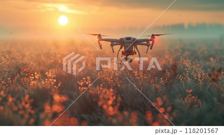 Precision agriculture - drone fertilizing a field, advanced technology in action, optimizing crop health and productivity, transforming traditional farming methods for the better. 118201567