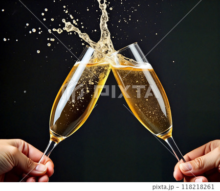 Two champagne flutes toasting and splashing on black background 118218261