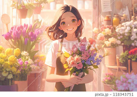 両手で花を抱えるフラワーショップの店員_イラスト7 118343751