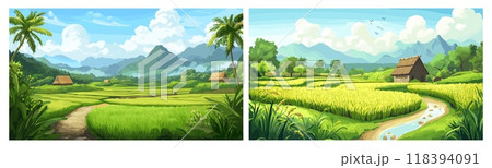 Rice field landscape. Rices farming plantation cartoon panoramic scenery, farmland harvest meadow with rural houses tropical china india or indonesia village vector illustration 118394091