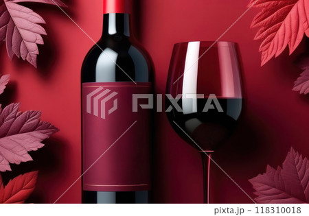 A sophisticated, high-quality visual featuring a bottle of red wine and a filled glass 118310018