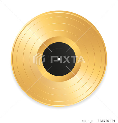 Realistic gramophone golden vinyl record. Vinyl record icon isolated on white background. Vector illustration 118310114