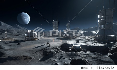 Futuristic lunar base. Realistic 3d render of a military lunar base. Scientific moon research camp. Human science base on the moon. Lunar mining facility. 118328512