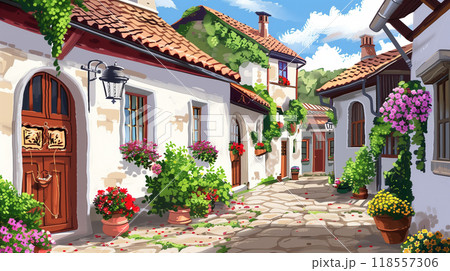 House beautiful old architecture with flower decoration village Scene. 118557306