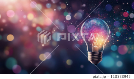 A glowing light bulb surrounded by colorful bokeh lights and vibrant swirls in the background 118588945