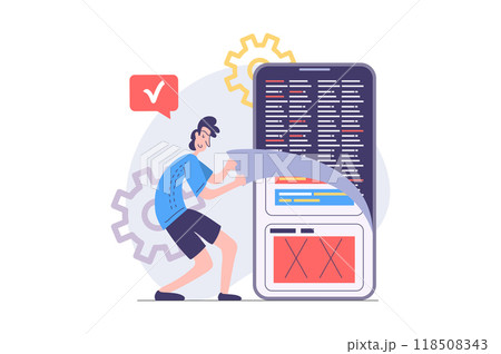 App development concept in modern flat design for web. Man designer programming mobile software, engineering new product, testing and fixing wireframe interface, placing content. Illustration. 118508343