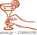 A minimalist hand-drawn illustration of a hand holding a cocktail or champagne glass. Line art. 118664108