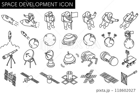 宇宙飛行士や人工衛星などの宇宙開発のシンプルな白黒線画、アイソメイラストセット 118602027