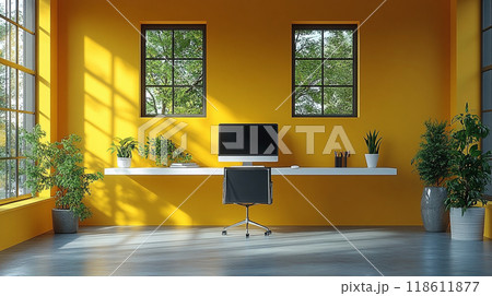 bright and modern home office features sleek desk with computer, surrounded by lush greenery and large windows that invite natural light. vibrant yellow walls create energizing atmosphere 118611877