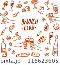 A hand-drawn retro style brunch-themed illustration featuring a variety of gourmet food and drinks. 118623605