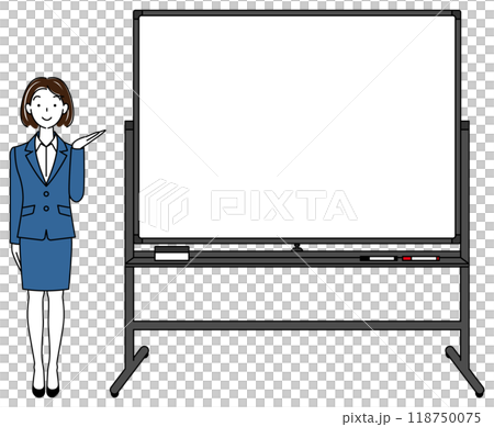 Illustration of a woman in a suit standing next to a whiteboard and giving a presentation Vector 118750075