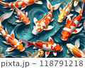 Colorful koi fish swim in a serene pond surrounded by beautiful aquatic plants displaying a vibrant underwater scene, showcasing the natural beauty of the fish and the clear water, Generative AI. 118791218