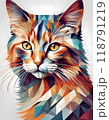 A colorful polygonal illustration of a cat with bright yellow eyes and detailed fur perfect for artistic and modern design projects, Generative AI. 118791219