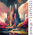 Futuristic cityscape with tall, abstract skyscrapers in vibrant colors, surrounded by colorful trees and a reflective body of water and the sky filled with dynamic, flowing shapes, Generative AI. 118791221