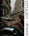 Realistic collapsed buildings with debris scattered around, due to an earthquake or explosion, Generative AI. 118791225