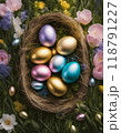 Vibrant Easter eggs in a straw basket on a grassy hill with a dreamy, abstract background, Generative AI. 118791227