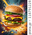 Vibrant and artistic depiction of a cheeseburger with lettuce, tomato, and a juicy patty, with exploding splashes of condiments and ingredients around it, Generative AI. 118791228