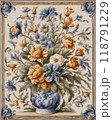 Detailed illustration of a ceramic tile with floral arrangement in a decorative vase design, featuring blue and orange flowers with green leaves, set against an ornate background, Generative AI. 118791229