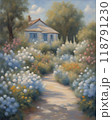 Serene painting of a countryside house surrounded by lush garden filled with blooming flowers with a path leading to the house, lined with white and blue flowers, Generative AI. 118791230