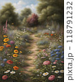 Serene garden path surrounded by a variety of colorful flowers and lush greenery, leading into a forested area under a partly cloudy sky, Generative AI. 118791232