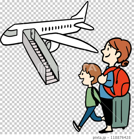 Mother and child boarding an airplane 118876428