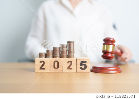 Happy New Year 2025 with judge gavel and money coins stack on desk. Law cost, lawyer, judgment, justice auction and bidding concepts 118825371