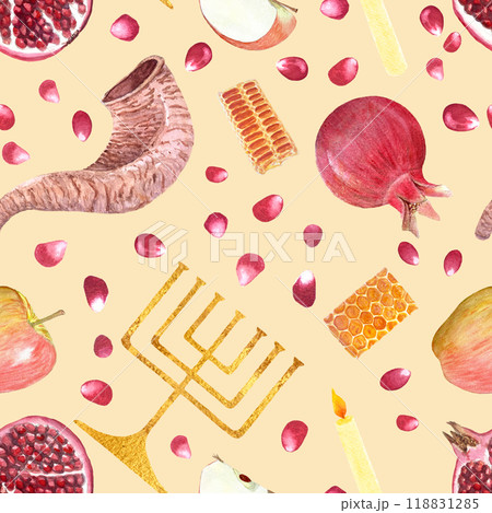 Shofar, apple, pomegranate, menorah hand painted watercolor seamless pattern on light yellow background. High quality art for Rosh Hashanah, High Holidays, craft paper, scrapbooking, packaging 118831285