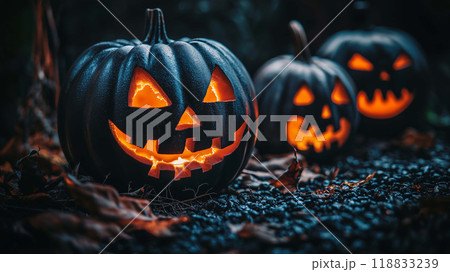 Eerie Glow, A Close-Up View of a Scary Halloween Pumpkin with a Wicked Smile 118833239