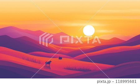 A vibrant illustration of rolling hills bathed in the soft light of sunrise, featuring a small silhouetted shepherd guiding sheep across the landscape. Generative AI	 118995681