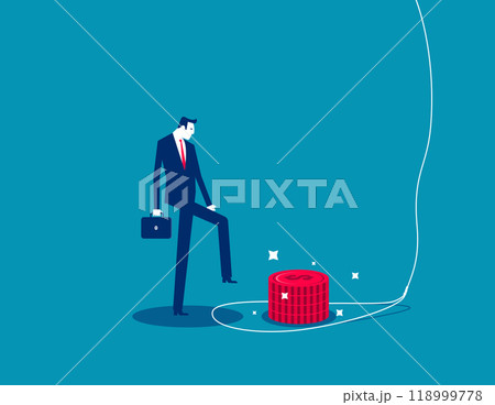 Money trap to trick greed people, danger fraud or threat to attack victim, greed businessman try to step into tricky rope trap to get money banknotes bundle. Financial or investment problem concept 118999778