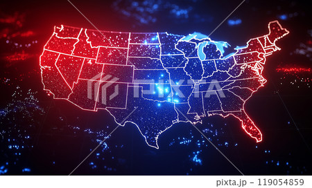 An illuminated USA map in red and blue, showcasing political divisions, electoral battles, and state-by-state influence in the context of national elections. 119054859