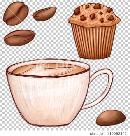 Digital illustration of a coffee cup with a latte, surrounded by coffee beans and a muffin. Hand-drawn cappuccino in warm tones, perfect for cafe-theme design, menu, print, or food-related projects 119062142