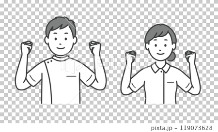 Upper body illustration of a male and female nurse doing a fist pump 119073628