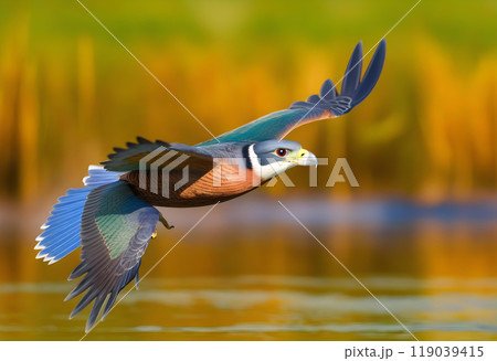 Flying (Falco tinnunculus) hunting in a shaking flight, Oldenburger Muensterland, Vechta, Lower Saxony, Germany, Europe 119039415