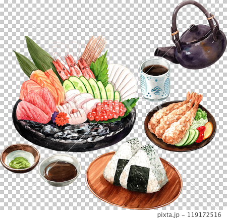 Sashimi seafood set, shrimp tempura, onigiri rice with seaweed japanese food, watercolor painting hand-drawn illustration 119172516