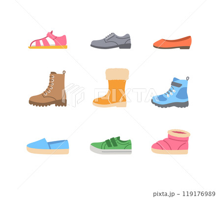 Kids shoes collection. Basic types of footwear for children. Sneakers, sandals, winter boots, ballet flats, espadrilles. Simple color flat icons for kids clothing shop. Side view pictograms, isolated 119176989