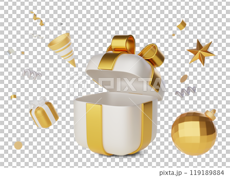 open white gold gift box with presents confetti 3D image 119189884