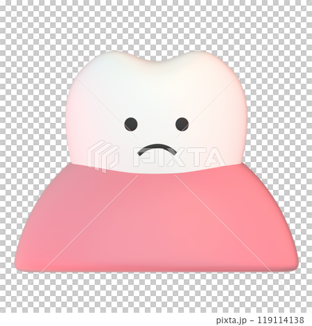 3D illustration of a character with white teeth and gums with a face seen from the front (worried face) 119114138