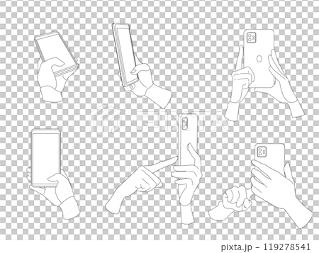 Monochrome line drawing illustration set of a hand operating a smartphone camera 119278541