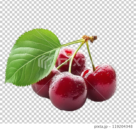 Fresh cherries with green leaves arranged artistically on a white background in daylight 119204348