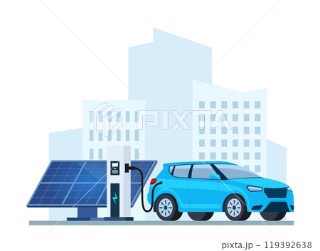 Electric car charging, side view. Solar panel. Modern urban landscape with high-rise buildings skyscrapers. Ecologically clean transport, eco-city. Vector illustration. 119392638